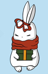 Happy new year bunny in a scarf with a gift for christmas illustration