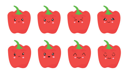 Red pepper with kawaii eyes. Vector illustration of a flat design of red pepper on a white background