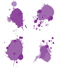 Set of abstract purple watercolor water splash on a white background. Vector watercolour texture in purple color. Ink paint brush stain. Purple soft light blot. Watercolor violet splash