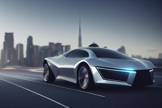 Self driving car in a modern city, photorealistic artistic illustration, concept