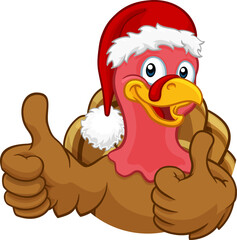 Turkey Christmas or Thanksgiving Holiday cartoon character wearing a Santa Claus hat