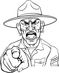 An angry army bootcamp drill sergeant soldier pointing at the viewer and shouting cartoon