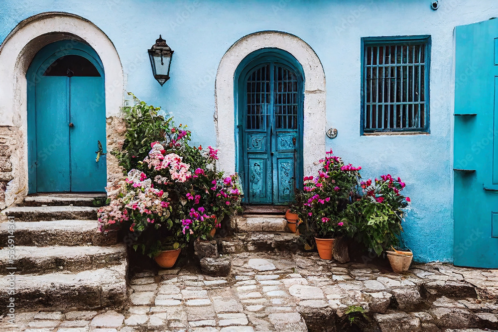 Sticker enchanting old quarter of beautiful old european town with stone houses along narrow steps in a tran