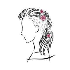 Stylized female portrait in profile with flowers in dreadlocks. Minimalist line art for hair salon advert, or beauty treatment logo. Informal young woman silhouette isolated on white background. 
