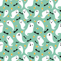 A cute little ghost cartoon with a bat next to it.background hand drawn 