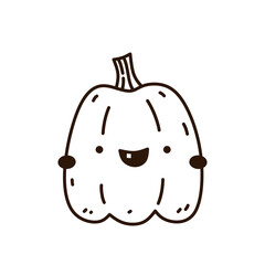 Cute and funny pumpkin isolated on white background. Vector hand-drawn illustration in doodle style. Kawaii character. Perfect for cards, decorations, logo and Halloween designs.