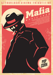 Cinema poster for mafia movies. Film festival vector illustration with mafia member silhouette. - obrazy, fototapety, plakaty