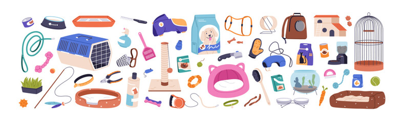 Pets goods, accessories set. Dogs, cats and birds toys, food, supplies. Canine and feline stuff, products, carriers, cage, feed, bowl, brush. Flat vector illustration isolated on white background