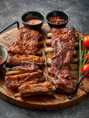 American style pork ribs. Delicious smoked pork spareribs glazed in BBQ sauce.