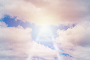 Obraz premium Beautiful religious background.Sunset or sunrise with clouds,blurred stairs to heaven,bright light from heaven,stairway leading up to skies clouds.Light from sky.Religion concept.Blurred soft focus.