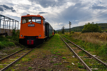 Naklejka premium Old train in the countryside, Sibiu, Romania, Hosman village (Mocanita de pe valea Hartibaciului)