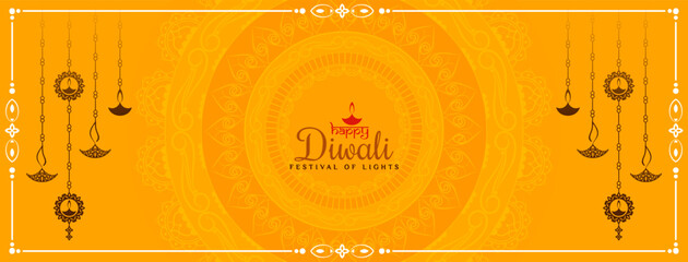 Happy Diwali festival yellow banner with hanging lamps design