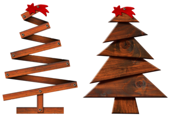 3D illustration of two small wooden Christmas trees with red comet star Isolated on white or transparent background, png.