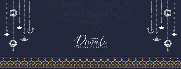 Beautiful Happy Diwali festival greeting banner with hanging lamps design