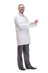 smiling doctor with a laboratory flask in his hands .