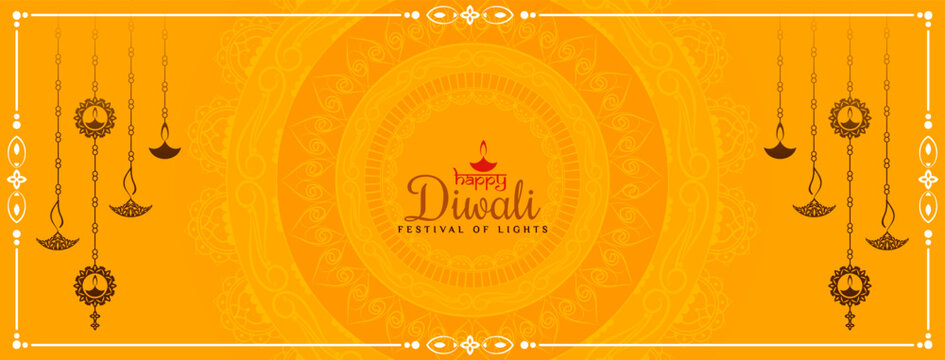 Happy Diwali festival yellow banner with hanging lamps design