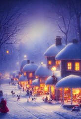 A 3D rendering of a snowy winter village made to look like a digital oil painting. Blizzard snow on a small village for an idyllic winter scene