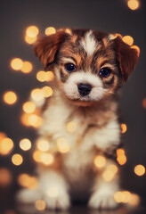 Cute puppy with bokeh glitter. Sweet baby dog sitting on the ground. 3d rendering.