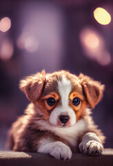 Sweet baby dog laying on the ground. Cute puppy with bokeh glitter. 3d rendering.
