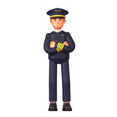 3d render of confident airline pilot standing with arms crossed on chest