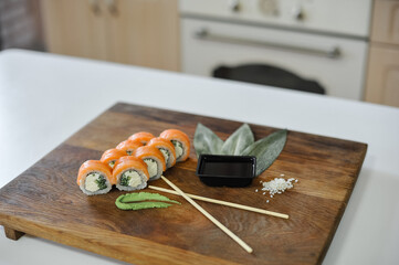 sushi set on wooden table