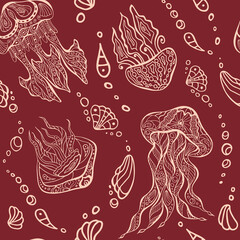 Jellyfish and shell random boundless background. Ocean zen tangl endless texture for home textiles, flyer. Zenart sea nettle dark-red seamless surface pattern design. Sea blubber hand drawn ornament.