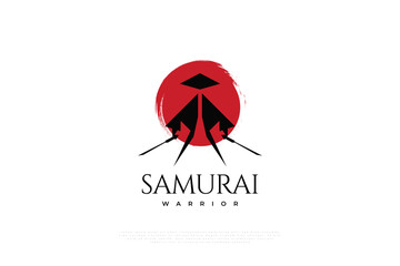 Samurai Illustration Holding Two Swords and Wearing a Traditional Hat. Japanese Warrior Silhouette Logo with Red Moon Behind