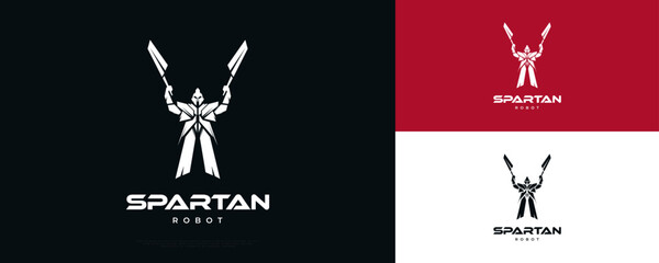 Spartan Robot Warrior Illustration with Two Swords for Logo, Emblem or Sticker. Mecha Sparta Logo Design - obrazy, fototapety, plakaty