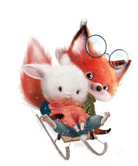 Hare and fox with a sledge - 536918548