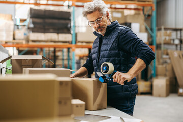 Senior man taping cardboard boxes while fulfilling an order in a distribution warehouse