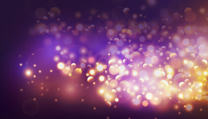 Bokeh with golden flashes light on purple background. Vector luxury design for banner, poster or holiday card decoration.