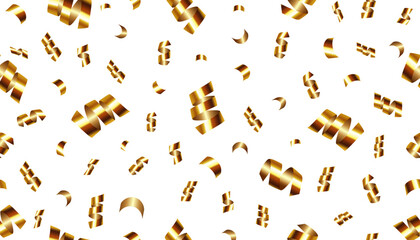 Golden serpentine confetti on transparent background. luxury isolated vector seamless pattern with bright festive tinsel of gold color for banner, poster, package or holiday card decoration