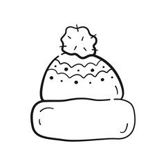Hand drawn winter and autumn hat with pompom. Cute black linear hat on transparent background. Png