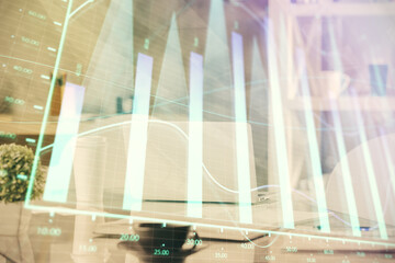 Fototapeta na wymiar Double exposure of stock market graph drawing and office interior background. Concept of financial analysis.