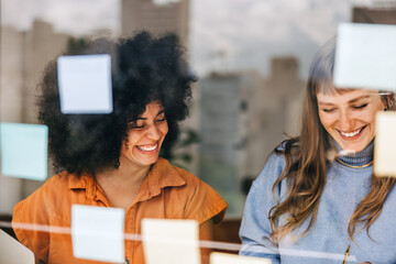 Two cheerful young businesswomen brainstomring using adhesive notes