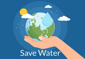 Water Saving Templates Hand Drawn Flat Cartoon Illustration for Mineral Savings Campaign with Faucet and Earth Concept