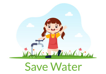 Water Saving Templates Hand Drawn Flat Cartoon Illustration for Mineral Savings Campaign with Faucet and Earth Concept