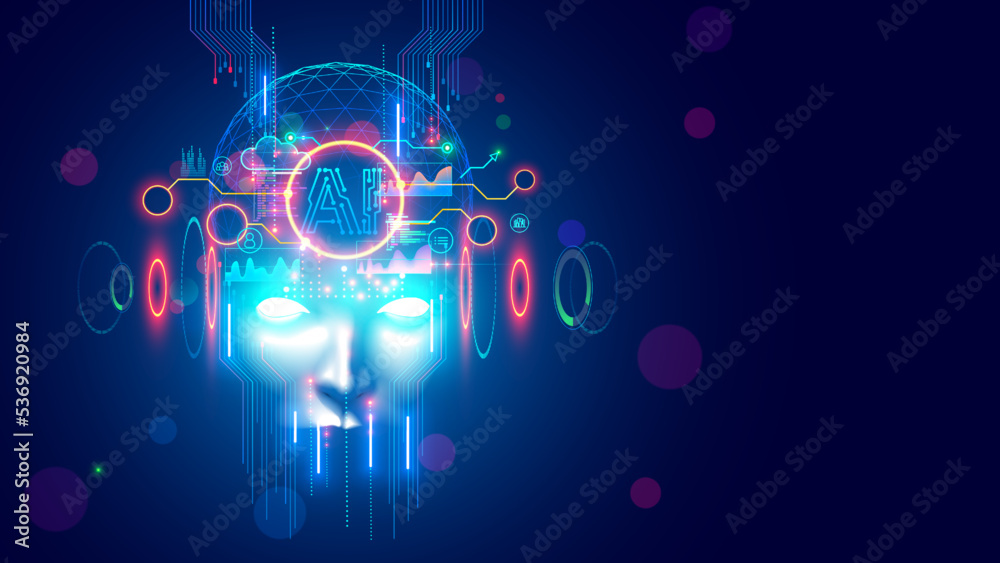Poster AI with scary face on halloween. Head skull of robot with lighting eyes. Bad Artificial Intelligence in image cyborg look at eyes. Tech halloween party banner. Evil computer