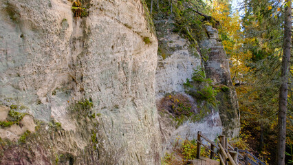 The large sandstone cliffs of Sietiniezis on the banks of the Gauja River in Latvia. tourist nature trail for hiking with wooden stairs. Gauja National Park in the vicinity of Valmiera, Autumn