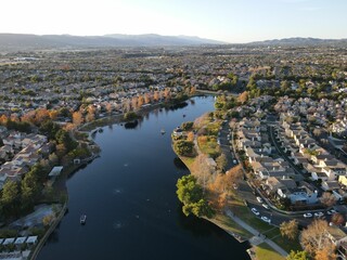 Aerial view of the Harveston Lake Park in Temecula, California, United States
