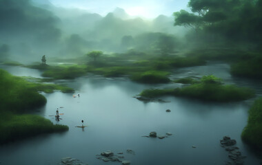Obraz na płótnie Canvas Beautiful Lush Green Scenery Lake and River Photomanipulation. 3D rendering