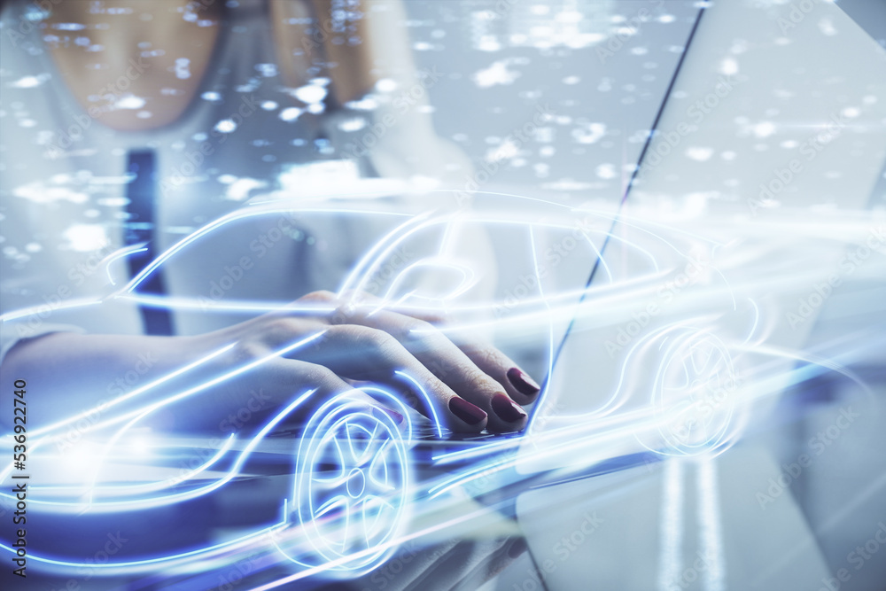 Poster double exposure of woman hands typing on computer and automobile theme drawing. high tech concept.