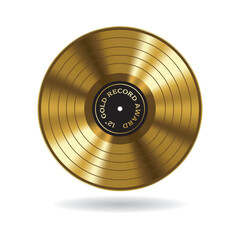 Gold record award ( golden analog phonograph record disk, 12 inch vinyl LP ), isolated on white background. Vector illustration.