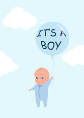 Cute cartoon baby boy holding ''it's a boy'' balloon on blue background with skies. Colorful vector illustration for baby boy poster, birthday party invitation, baby shower, congratulation card design