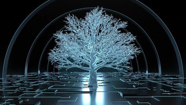 glowing and growing tree on square with semicircle structure at night with 3d rendered