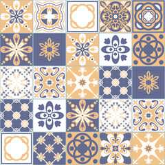 Fototapeta na wymiar Portuguese Ceramic Tile Blue Purple Beige Color Square Geometric pattern Bathroom Kitchen Wall Decoration