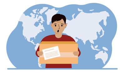 Male courier in uniform holding a box. The concept of delivering parcels around the world.