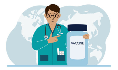 Pandemic, vaccination and health concept. Doctor with a bottle of vaccine.