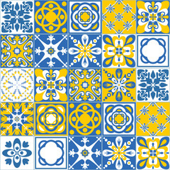 Yellow blue seamless pattern, traditional spanish Azulejo tile mosaic, contrast bright vector illustration