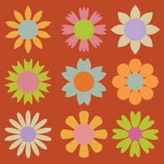 Fototapeta na wymiar Flowers set in 70s colors style